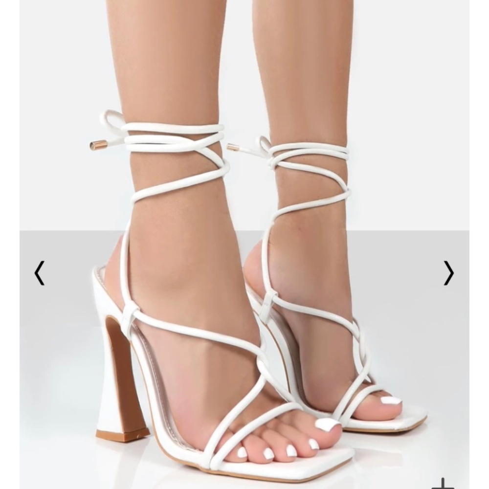 LORI WHITE STRAPPY LACE UP SQUARE TOE FLARED BLOCK HEELS